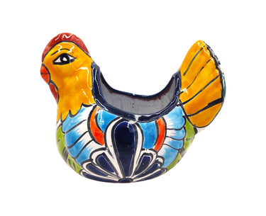 Mexican Talavera Gallina Chica (Small Chicken) Mexican Planter Pot Hand Painted Décor Hen Planter - Dark Blue Trim